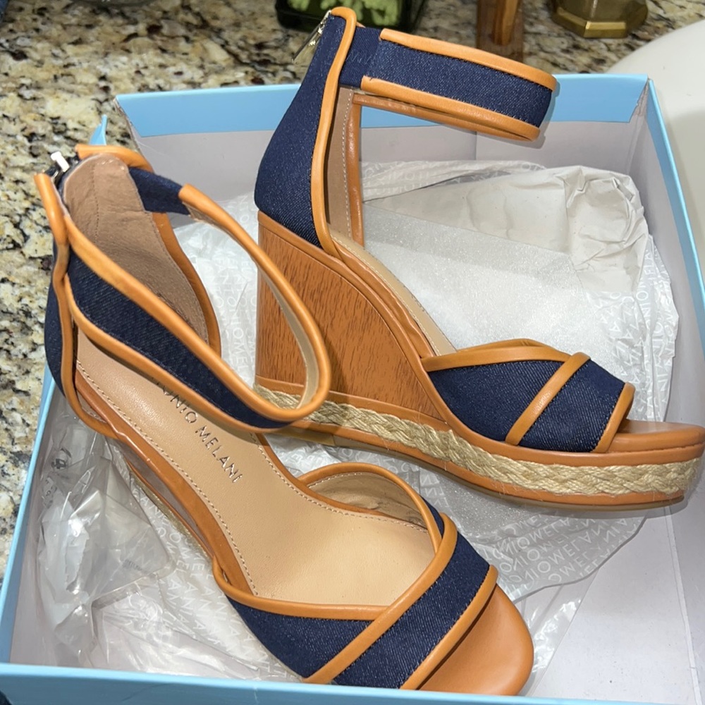 Denim & Tan Ankle Strap Wedge, Worn Once